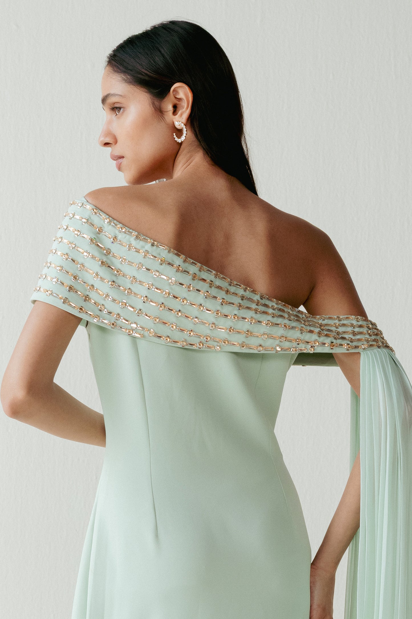 Teal Green Crystal Work Off Shoulder Dress