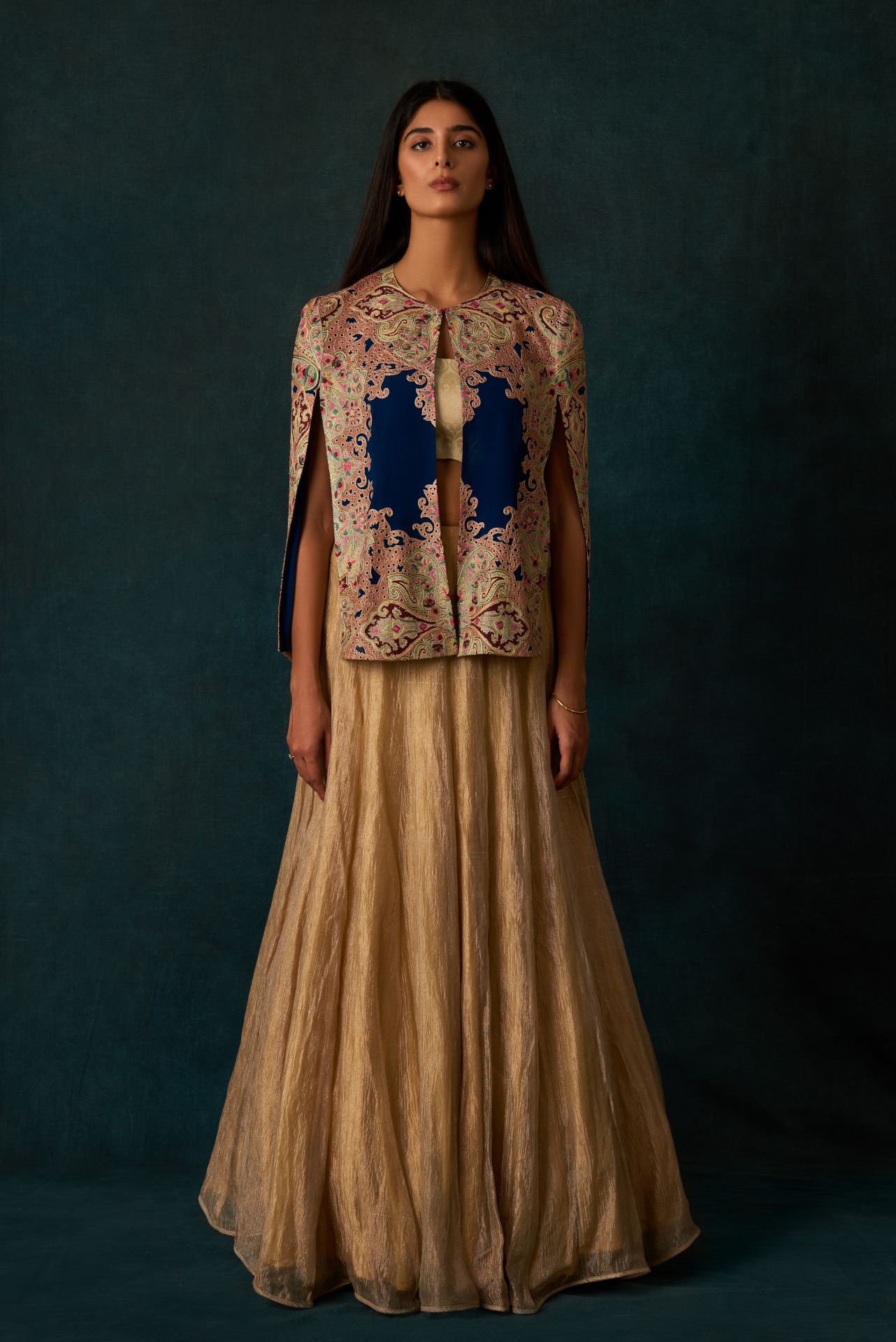 Blue Jamawar Cape With Gold Tissue Skirt