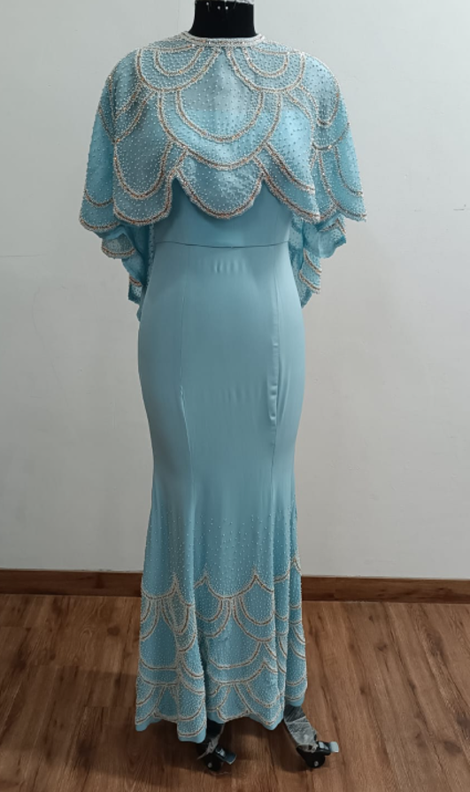 Ice Blue Moti Work Organza Attached Cape Crepe Dress