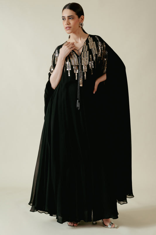 Black Viscose Georgette Crystal And Sequins Work Kaftan