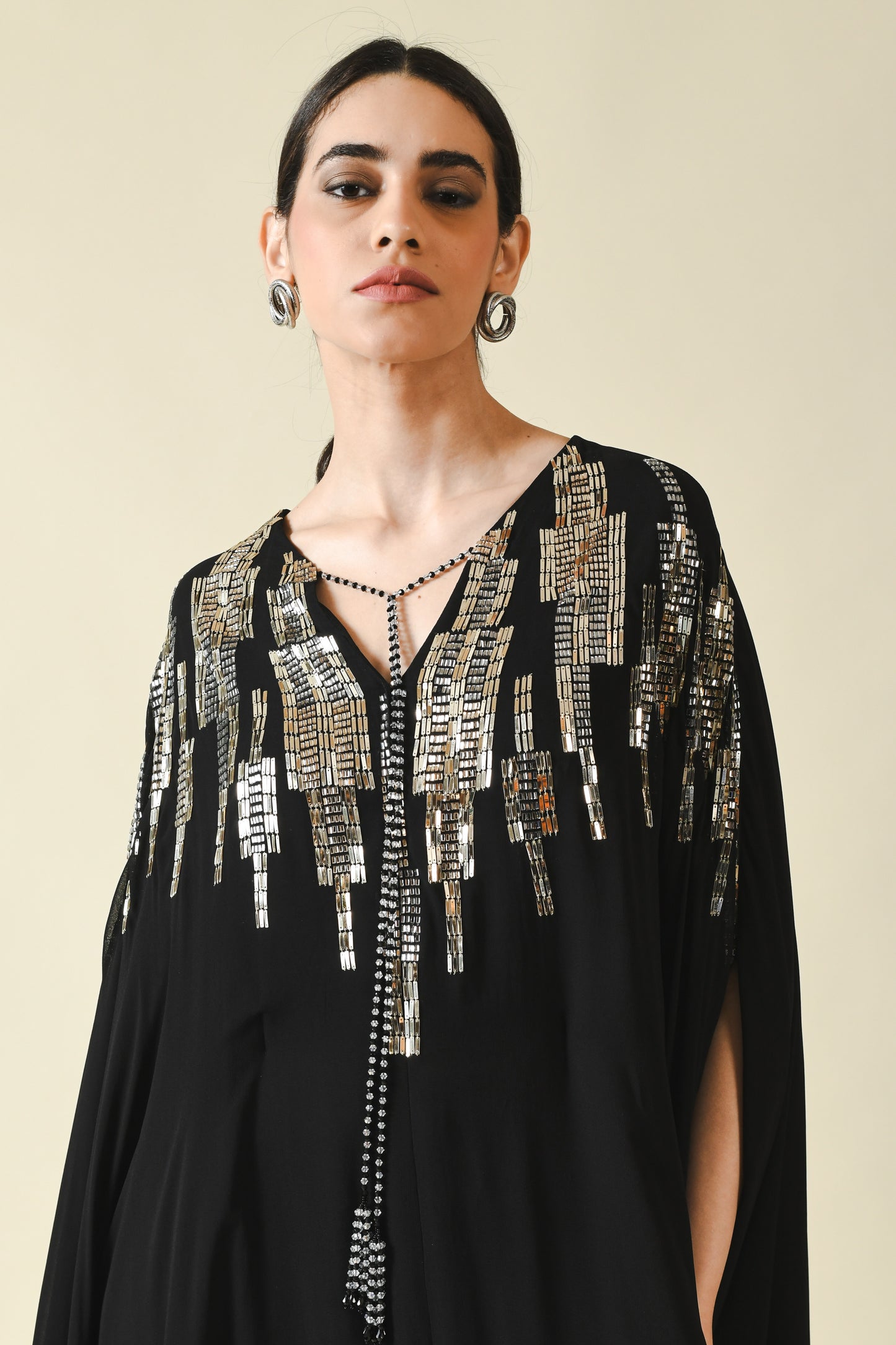 Black Viscose Georgette Crystal And Sequins Work Kaftan