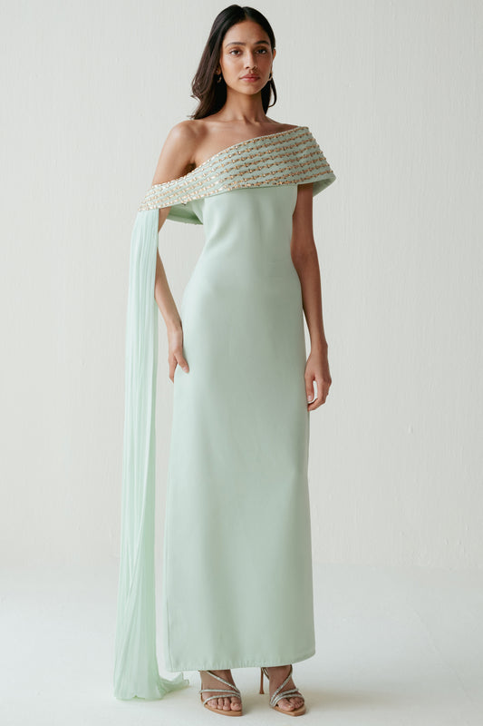 Teal Green Crystal Work Off Shoulder Dress