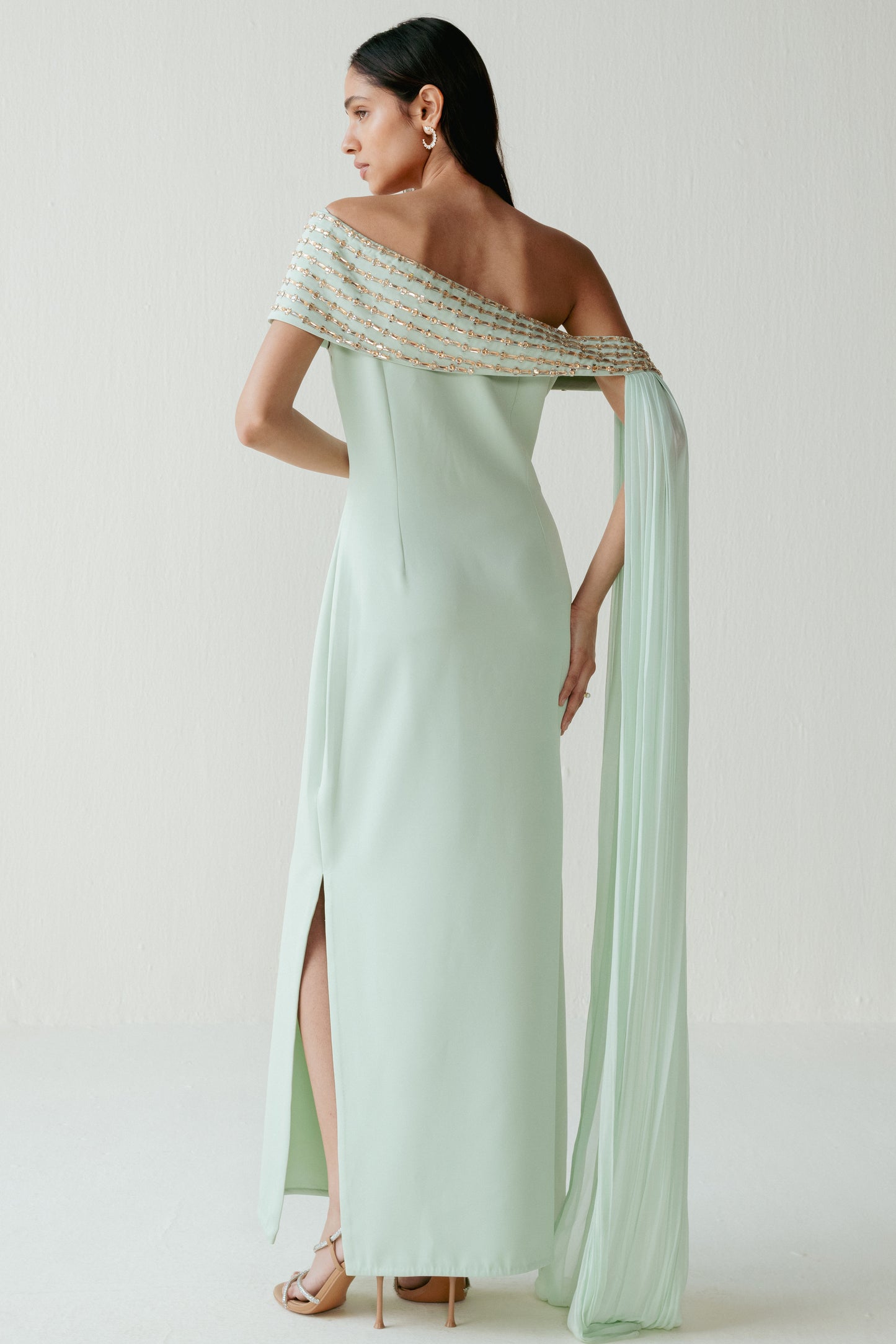 Teal Green Crystal Work Off Shoulder Dress