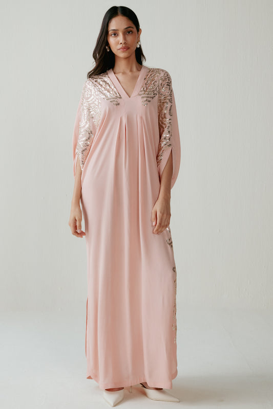 Peach Double Georgette Sequins Work Kaftan