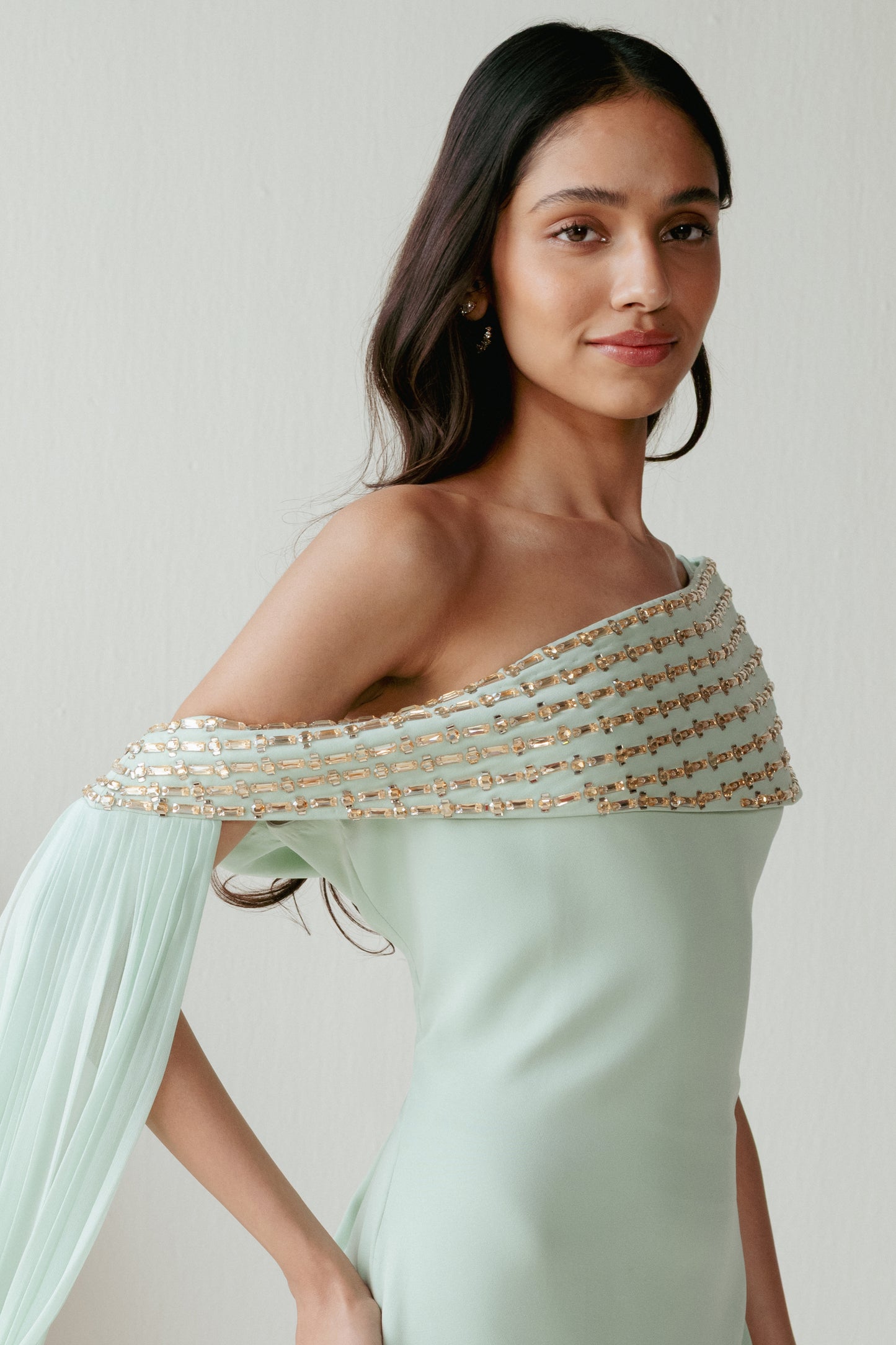 Teal Green Crystal Work Off Shoulder Dress
