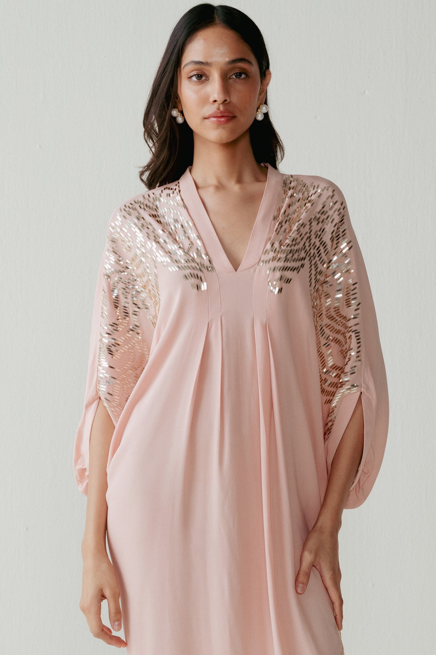 Peach Double Georgette Sequins Work Kaftan