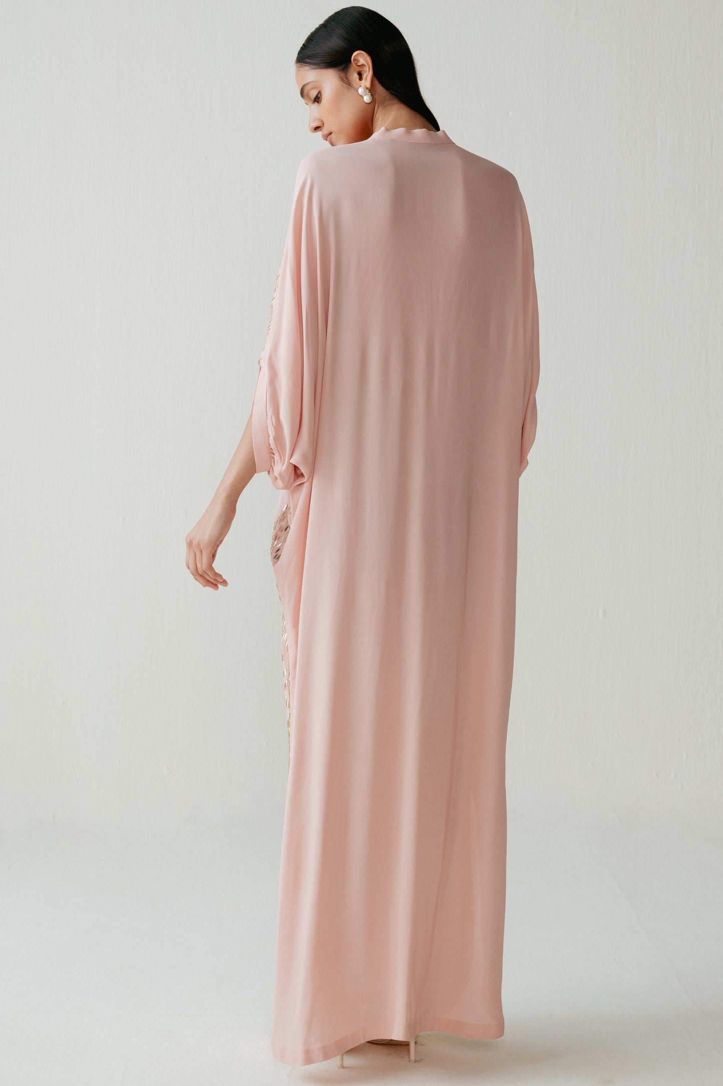 Peach Double Georgette Sequins Work Kaftan