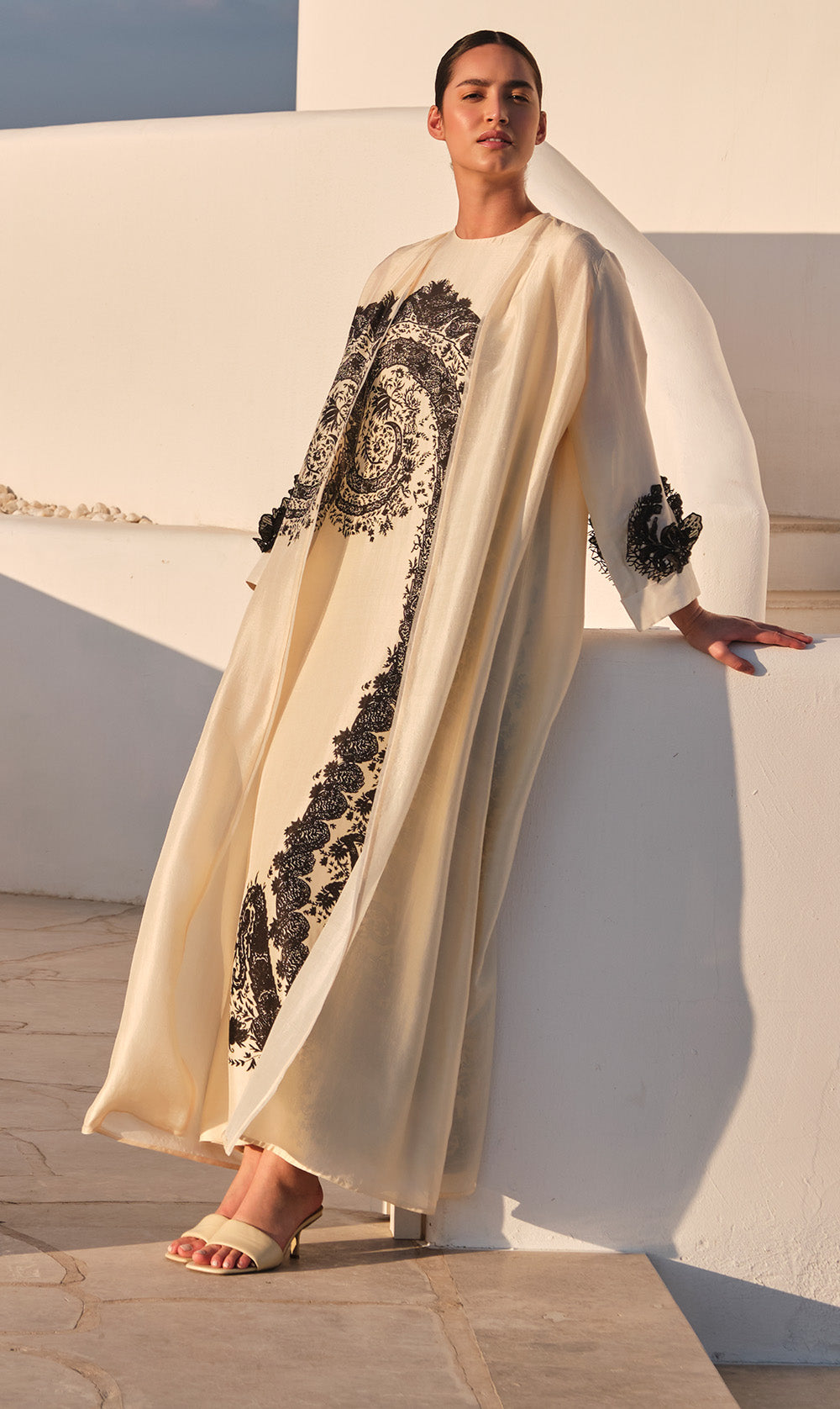 Ivory Black Paisley Dupion Silk Abaya With Jalabiya