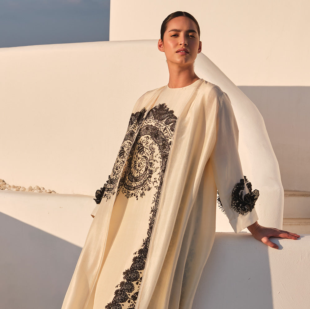 Ivory Black Paisley Dupion Silk Abaya With Jalabiya