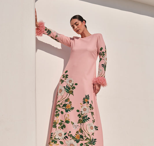 Pink Thick Satin Moti And Beeds Work Jalabiya