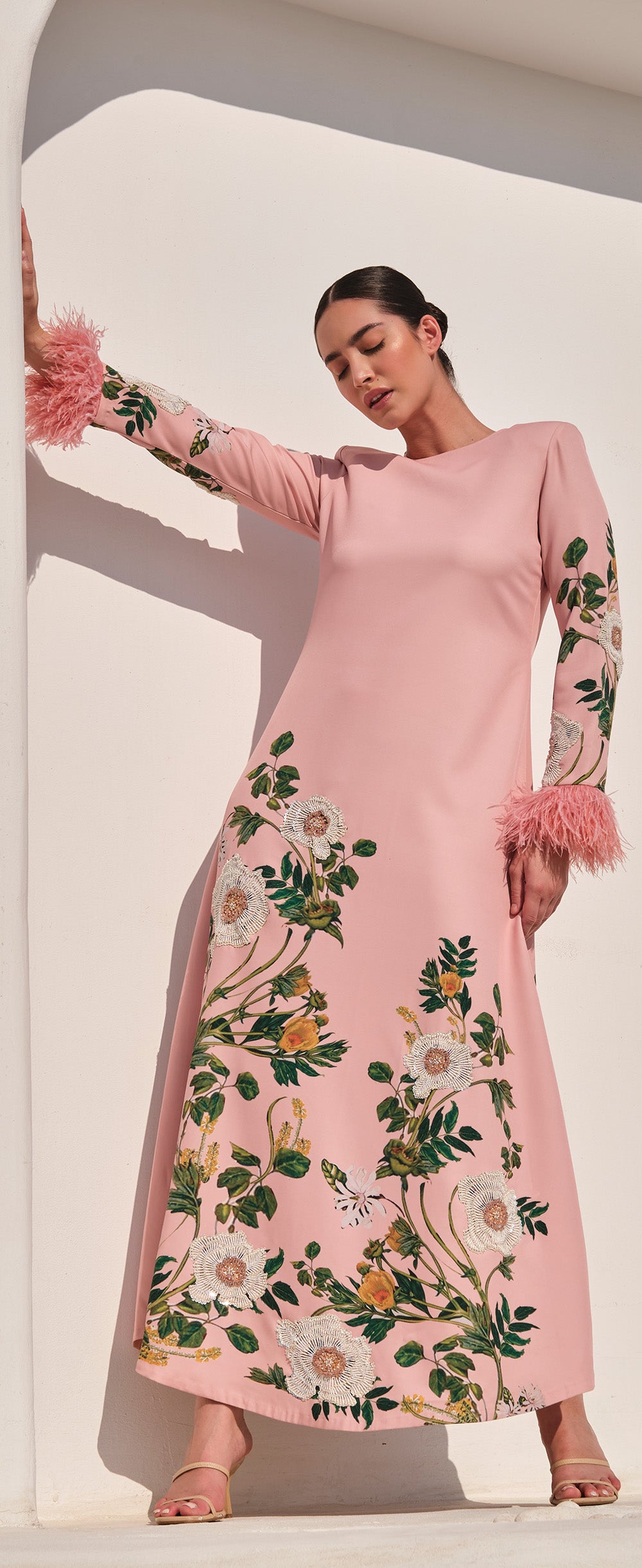 Pink Thick Satin Moti And Beeds Work Jalabiya
