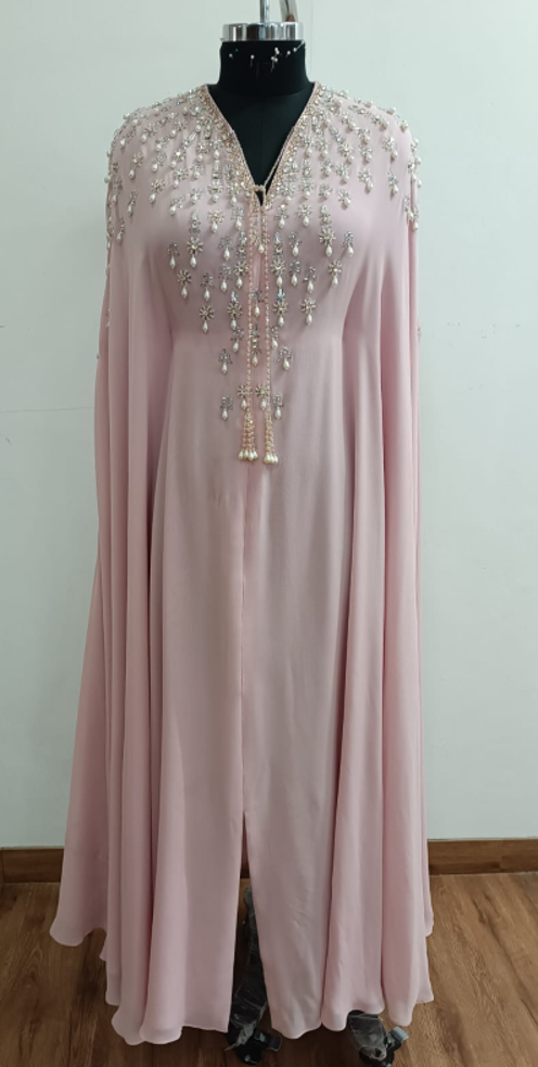 Rose Pink Crystal Moti Work Flaired Kaftan