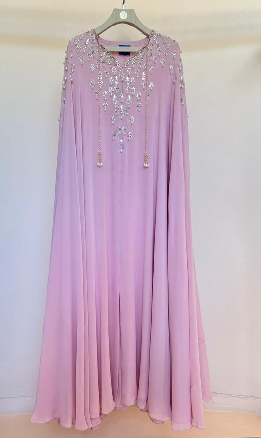 Rose Pink Crystal Moti Work Flaired Kaftan