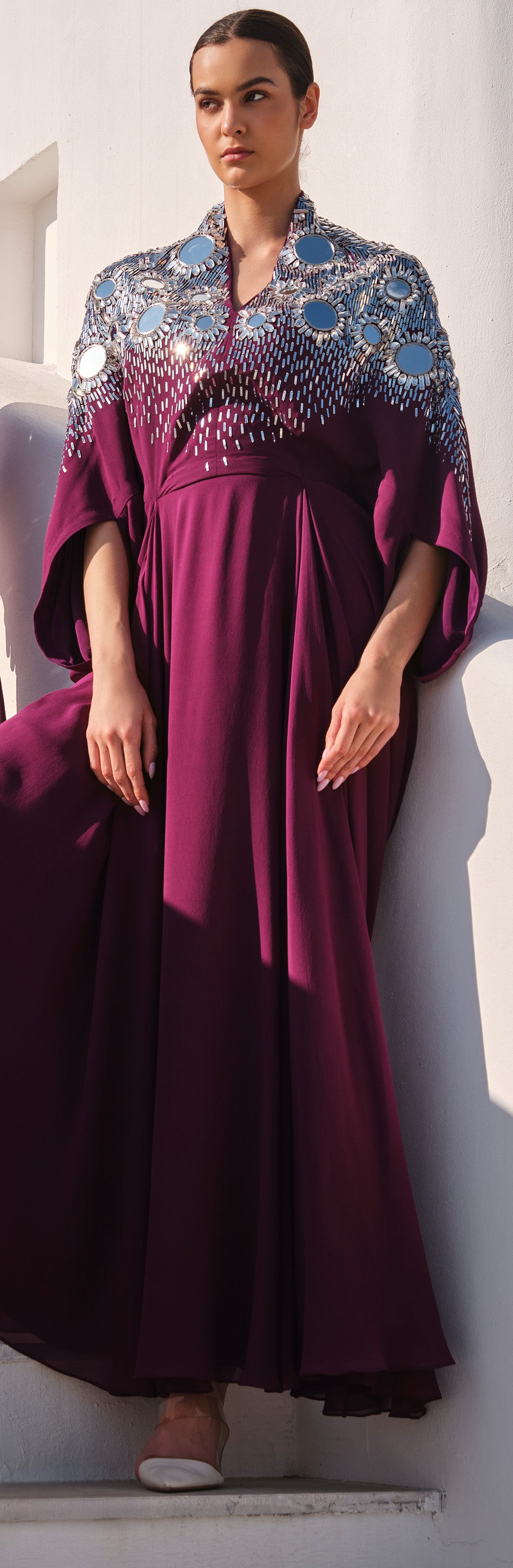 Purple Georgette Sequence With Patra Work Cowl Kaftan