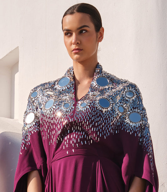 Purple Georgette Sequence With Patra Work Cowl Kaftan