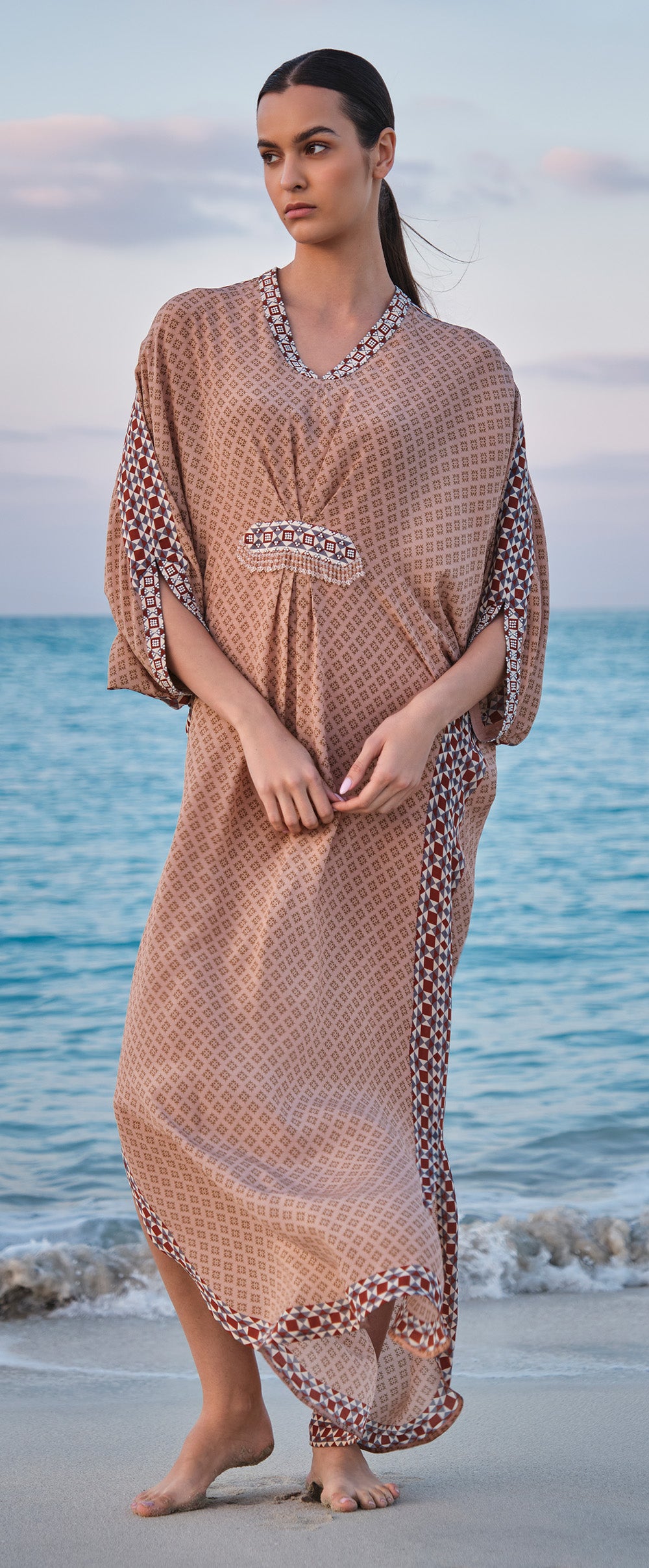 Peach Printed Moti Work Kaftan
