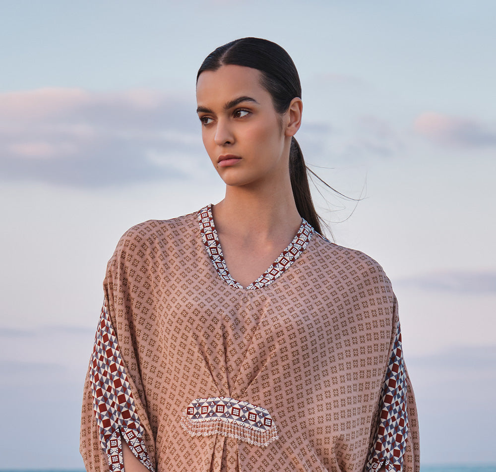 Peach Printed Moti Work Kaftan