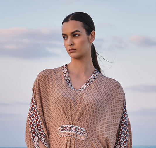 Peach Printed Moti Work Kaftan