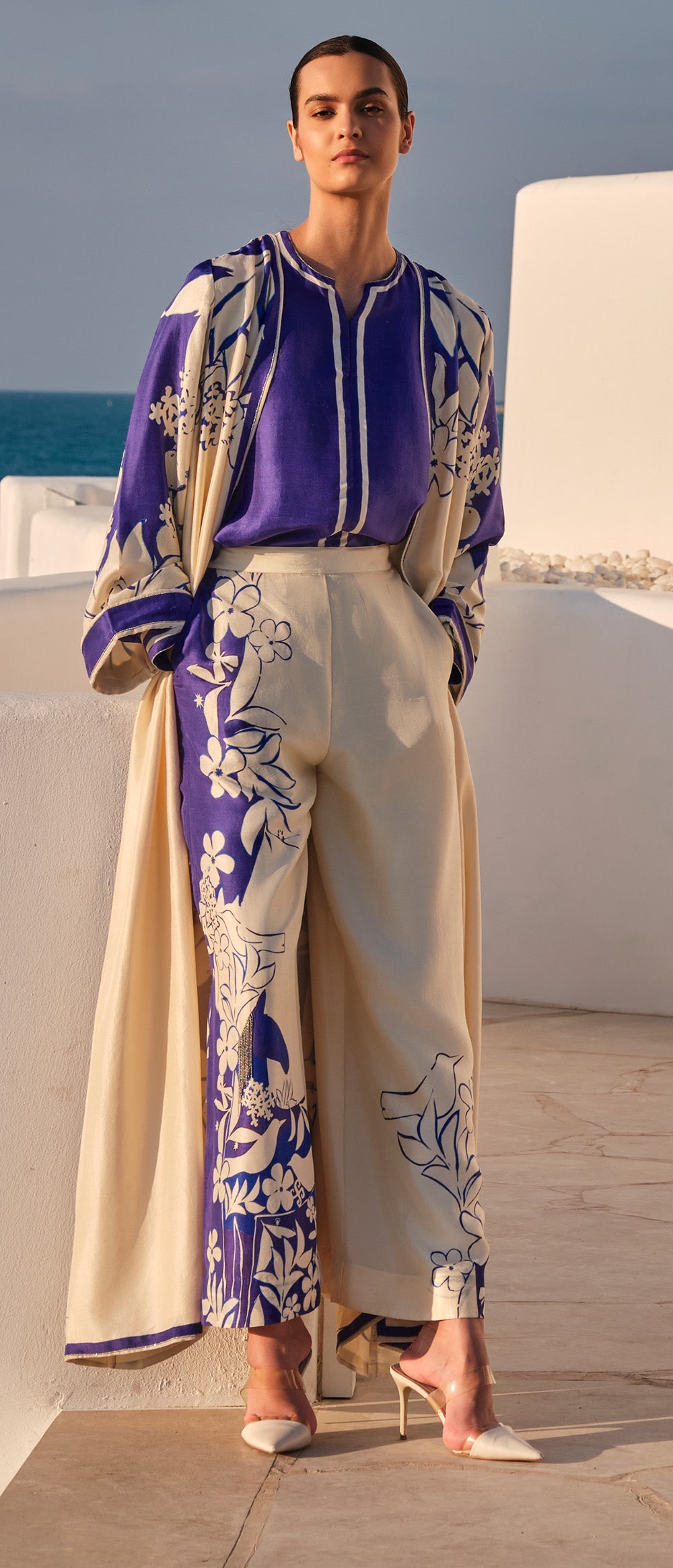 Blue Dupion Silk Printed Corset with Abaya