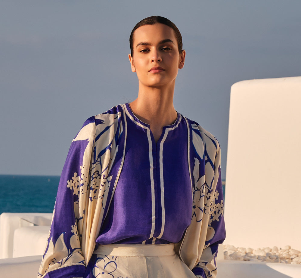 Blue Dupion Silk Printed Corset with Abaya