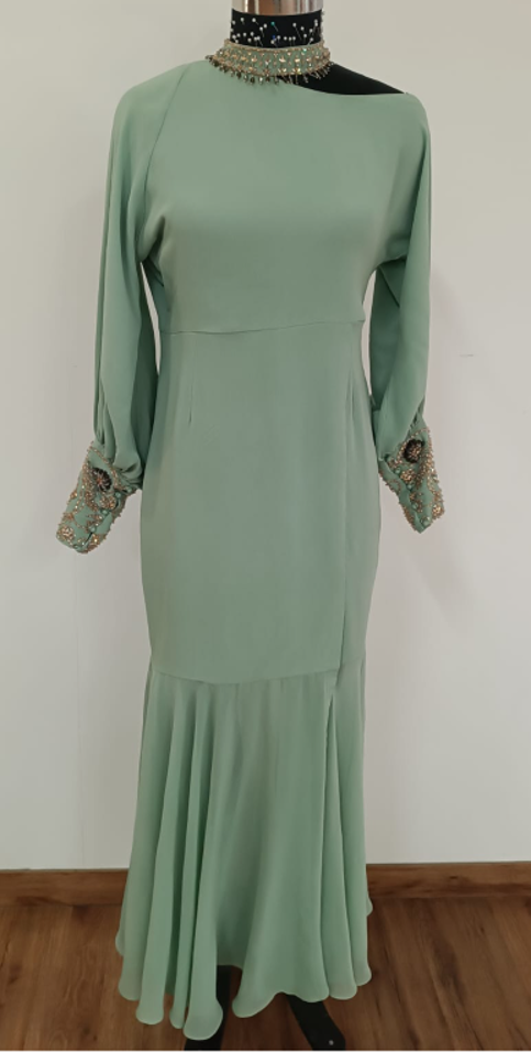 Teak Green Crystal Work Dress Baloon Sleeves