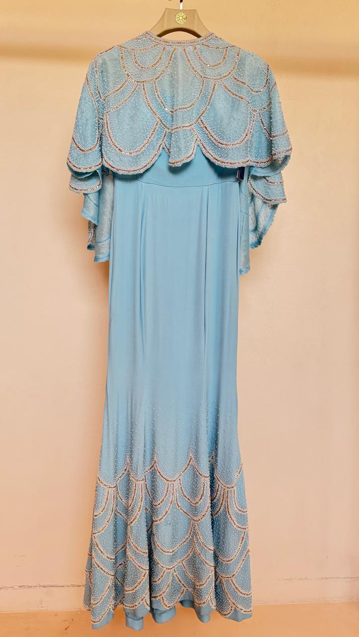 Ice Blue Moti Work Organza Attached Cape Crepe Dress