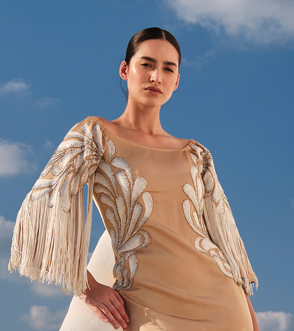 Beige Crepe Crystal Off Shoulder Jalabiya