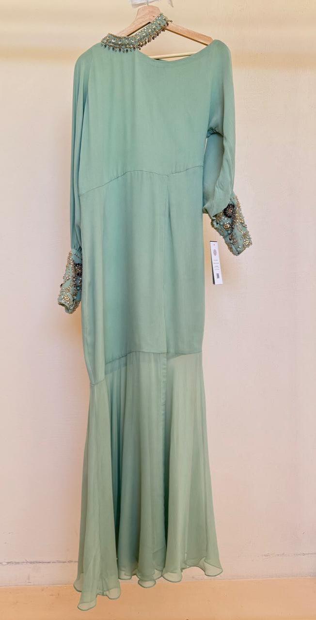 Teak Green Crystal Work Dress Baloon Sleeves